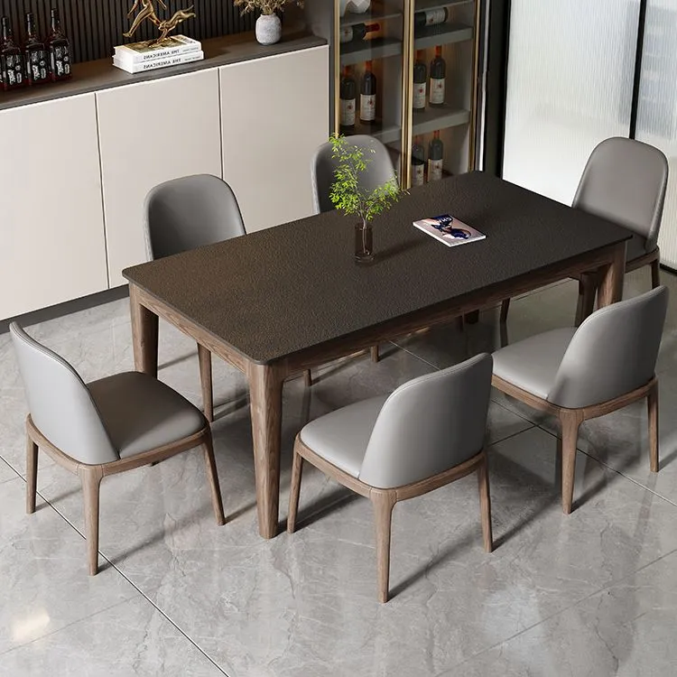 Tavolo da pranzo moderno rettangolare pietra con gambe legno per sala da pranzo Clearhalo