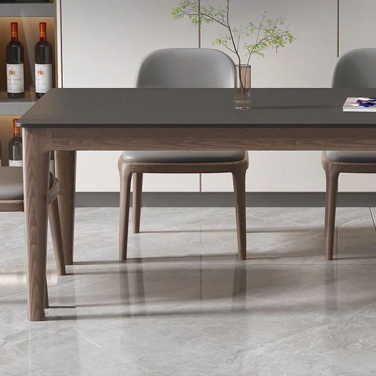 Tavolo da pranzo moderno rettangolare pietra con gambe legno massello per sala da pranzo Clearhalo