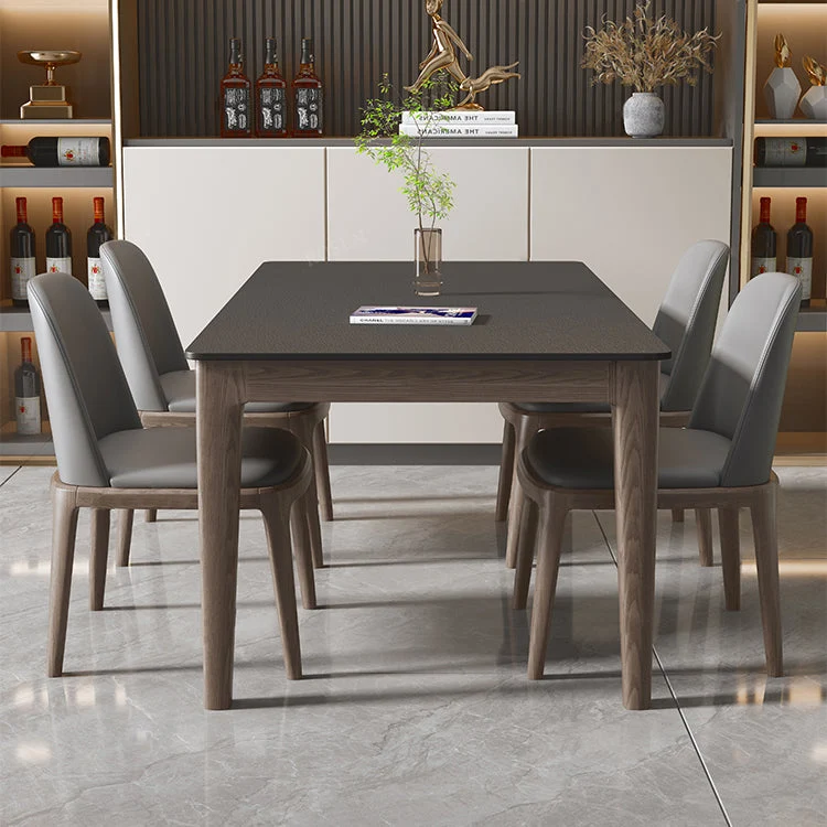Tavolo da pranzo moderno rettangolare pietra con gambe legno massello per sala da pranzo Clearhalo