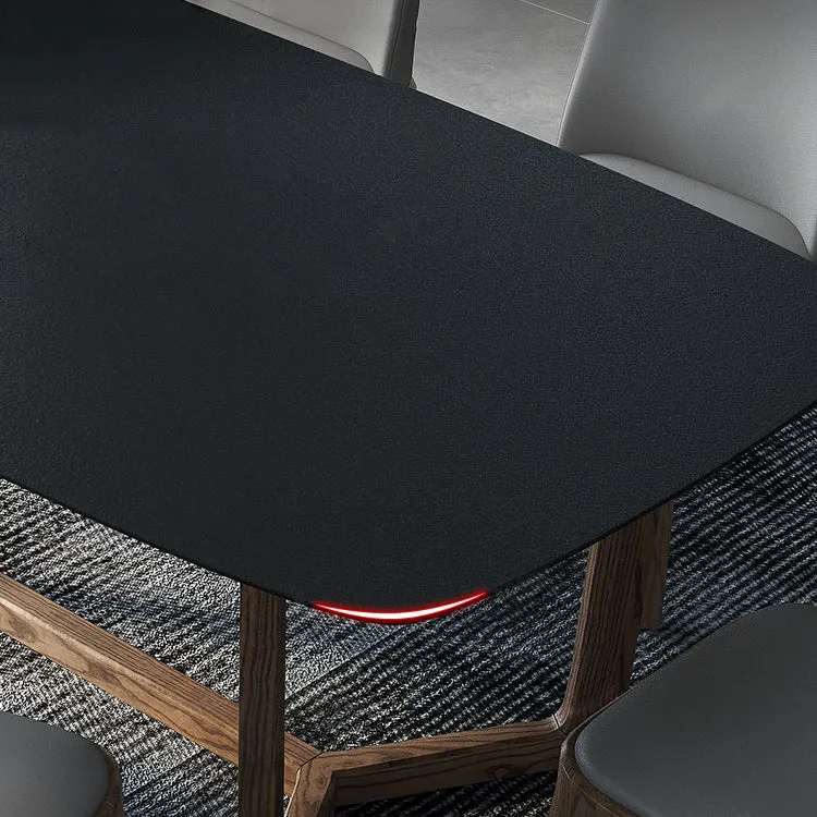 Tavolo da pranzo moderno rettangolare pietra con base legno per sala da pranzo Clearhalo