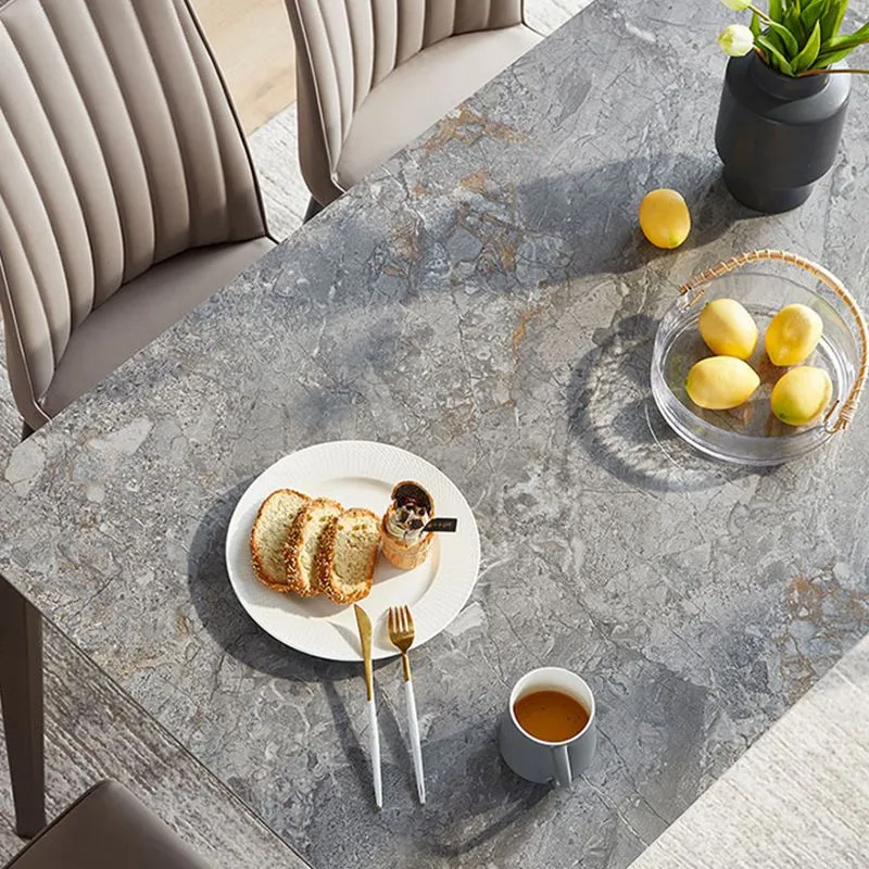 Tavolo da pranzo moderno rettangolare pietra grigia con gambe legno massello Clearhalo