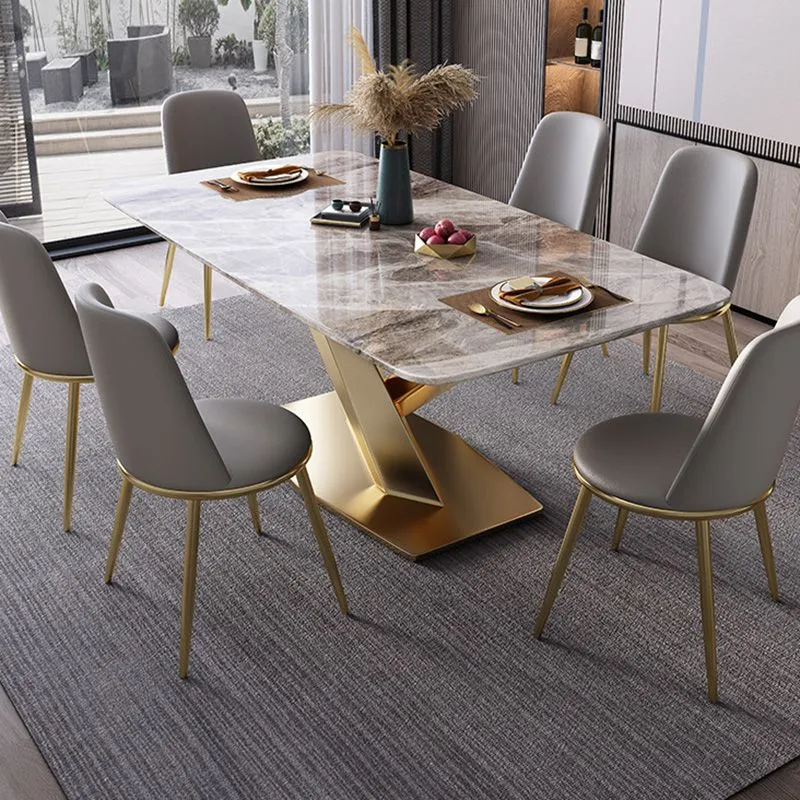 Tavolo da pranzo moderno rettangolare Tavolo con piano pietra grigia lucida per la casa Clearhalo