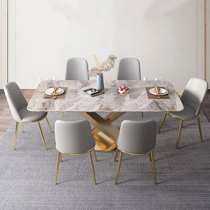 Tavolo da pranzo moderno rettangolare Tavolo con piano pietra grigia lucida per la casa Clearhalo