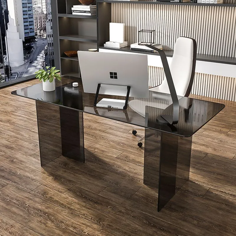 Tavolo da pranzo moderno rettangolare vetro Tavolo vetro trasparente con doppio piedistallo Clearhalo