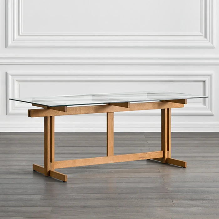 Tavolo da pranzo moderno rettangolare vetro trasparente con base su cavalletto legno massello Clearhalo