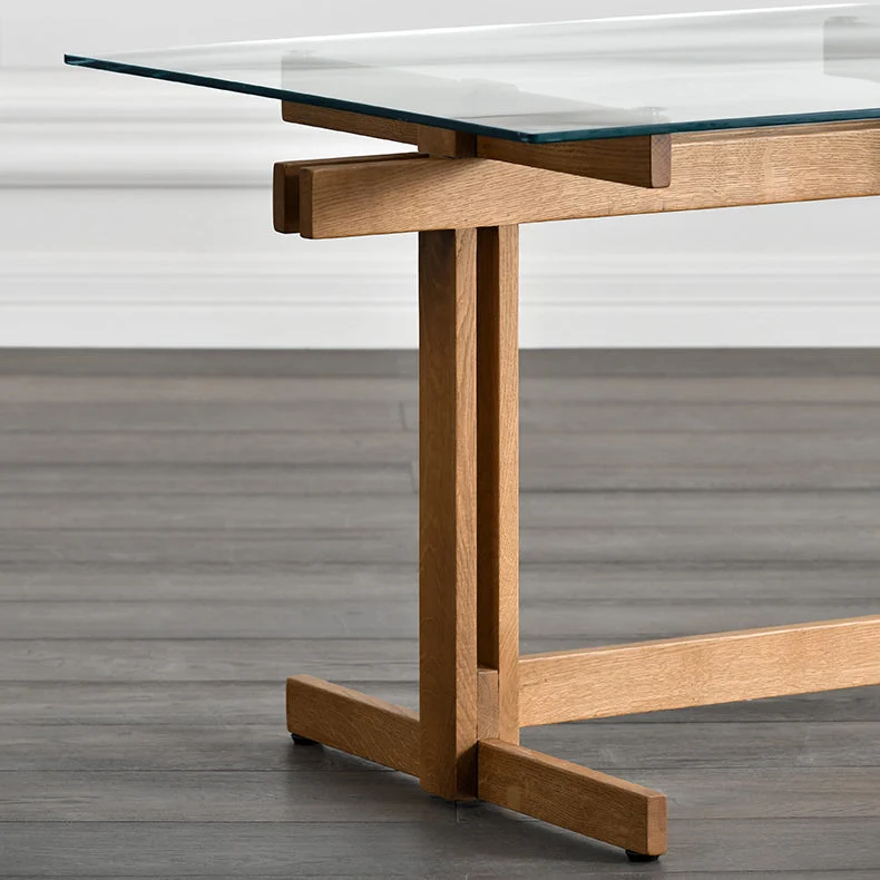Tavolo da pranzo moderno rettangolare vetro trasparente con base su cavalletto legno massello Clearhalo
