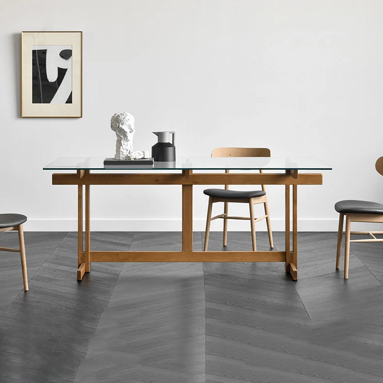 Tavolo da pranzo moderno rettangolare vetro trasparente con base su cavalletto legno massello Clearhalo