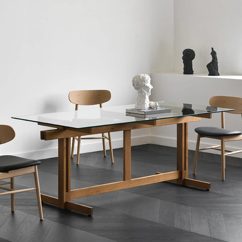 Tavolo da pranzo moderno rettangolare vetro trasparente con base su cavalletto legno massello Clearhalo