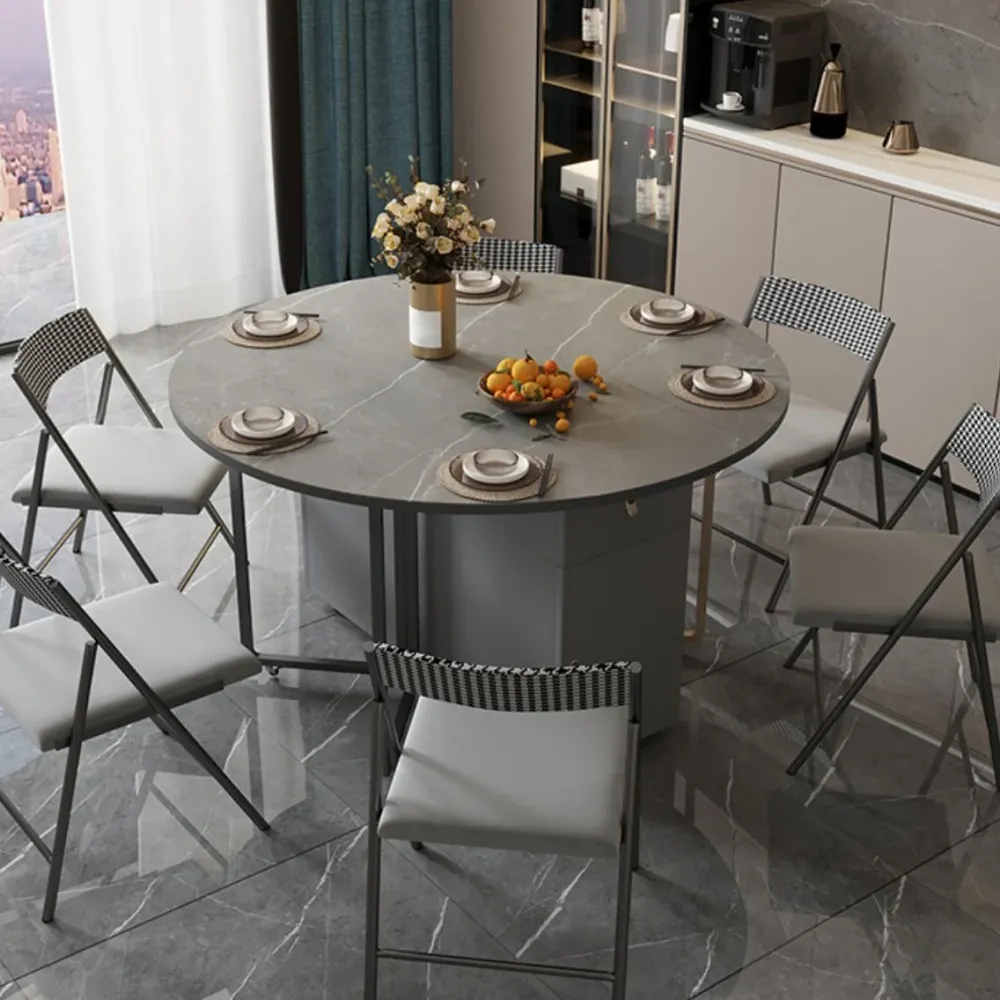 Tavolo da pranzo moderno rotondo con piano pietra pieghevole per piccoli spazi Clearhalo