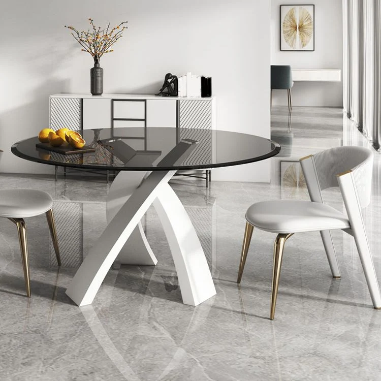 Tavolo da pranzo moderno rotondo con piano vetro e base bianca Clearhalo