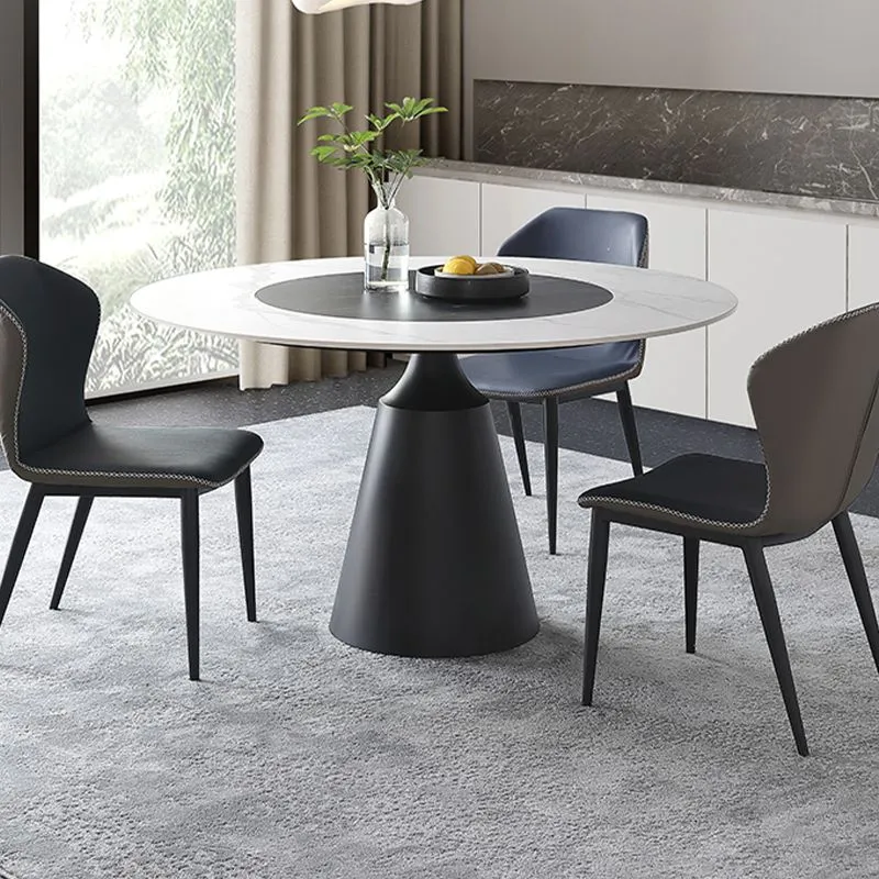 Tavolo da pranzo moderno rotondo da pub con piano pietra e piedistallo con base nera Clearhalo