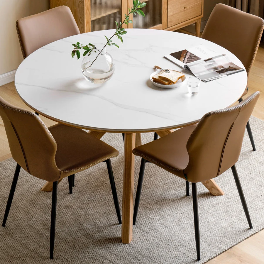 Tavolo da pranzo moderno salvaspazio con base legno e piano pietra bianca per 6 persone Clearhalo