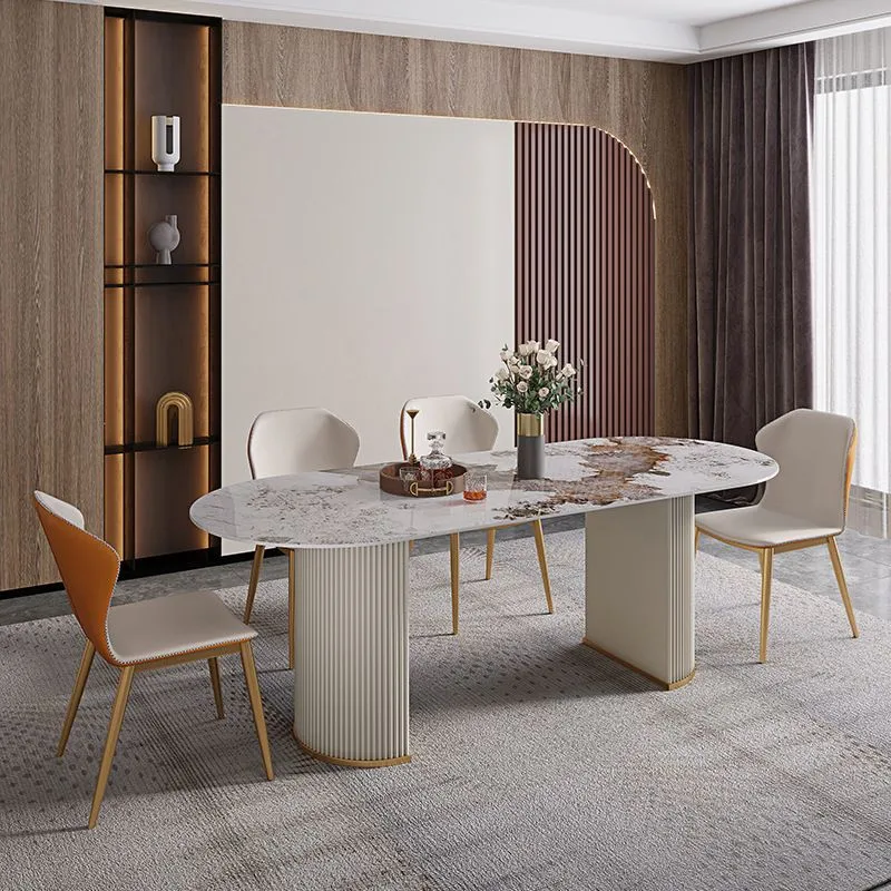 Tavolo da pranzo moderno Tavolo ovale con doppio piedistallo con base acciaio inossidabile per la casa Clearhalo