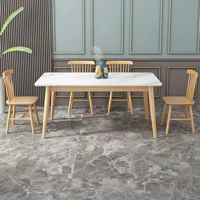 Tavolo da pranzo moderno Tavolo da pranzo con gambe legno di gomma naturale e piano bianco Clearhalo