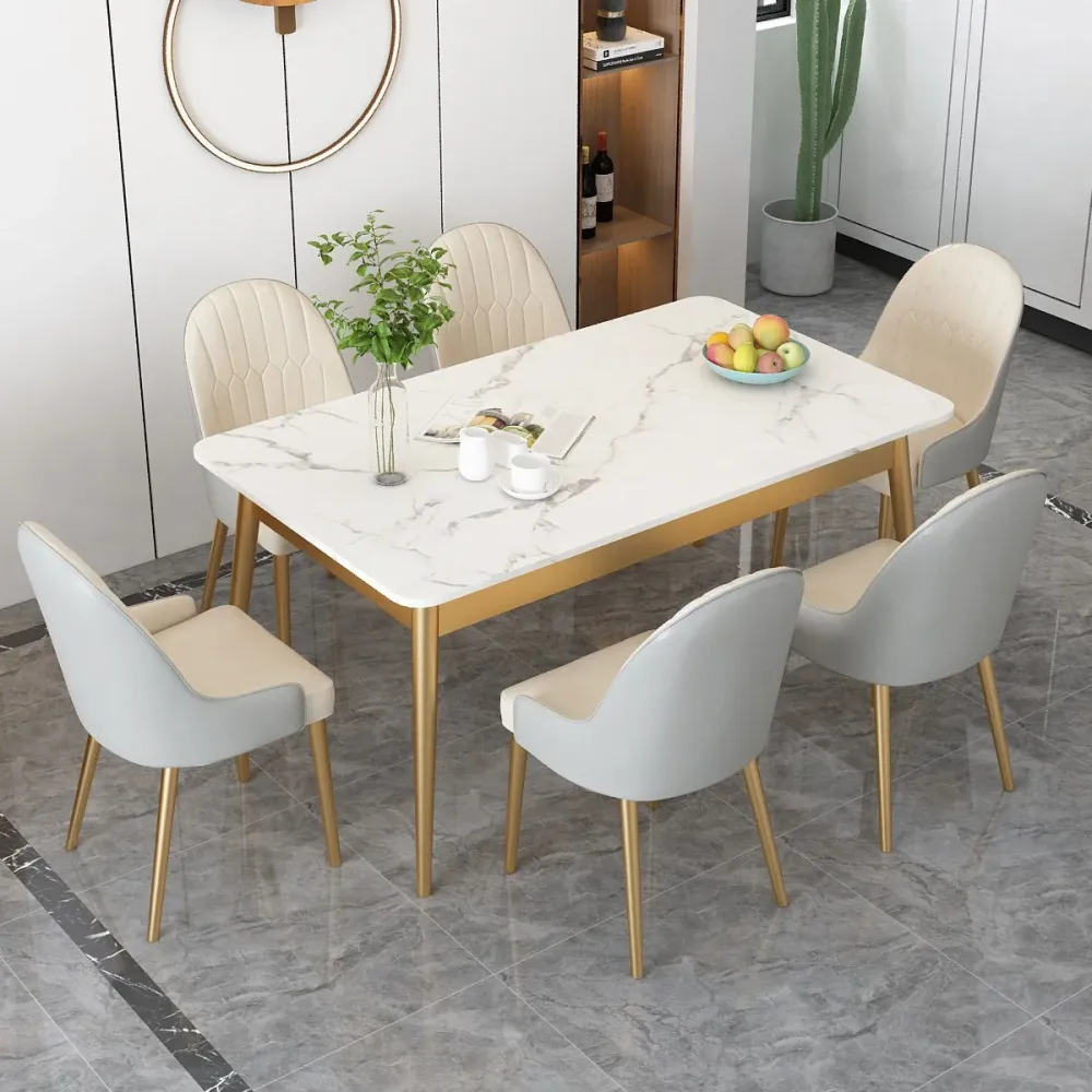 Tavolo da pranzo moderno Tavolo da pranzo rettangolare pietra con piano bianco per cucina Clearhalo