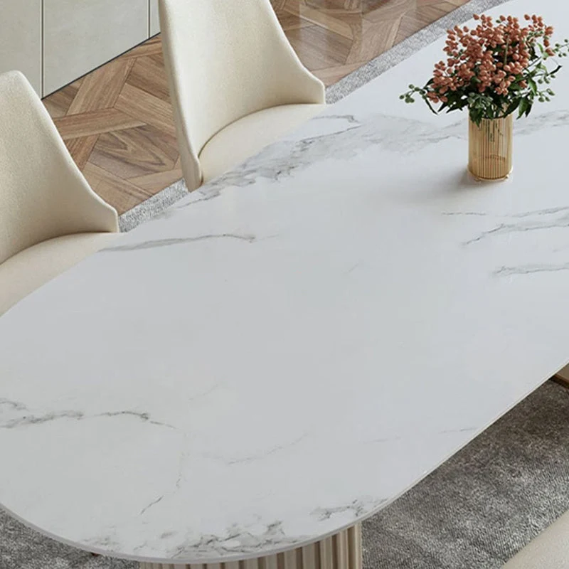 Tavolo da pranzo ovale bianco contemporaneo con doppio piedistallo con piano pietra sinterizzata Clearhalo