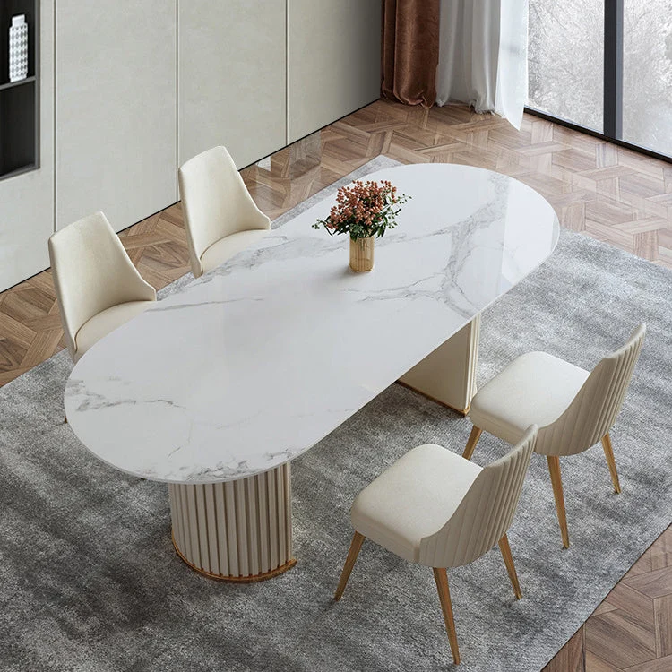 Tavolo da pranzo ovale bianco contemporaneo con doppio piedistallo con piano pietra sinterizzata Clearhalo