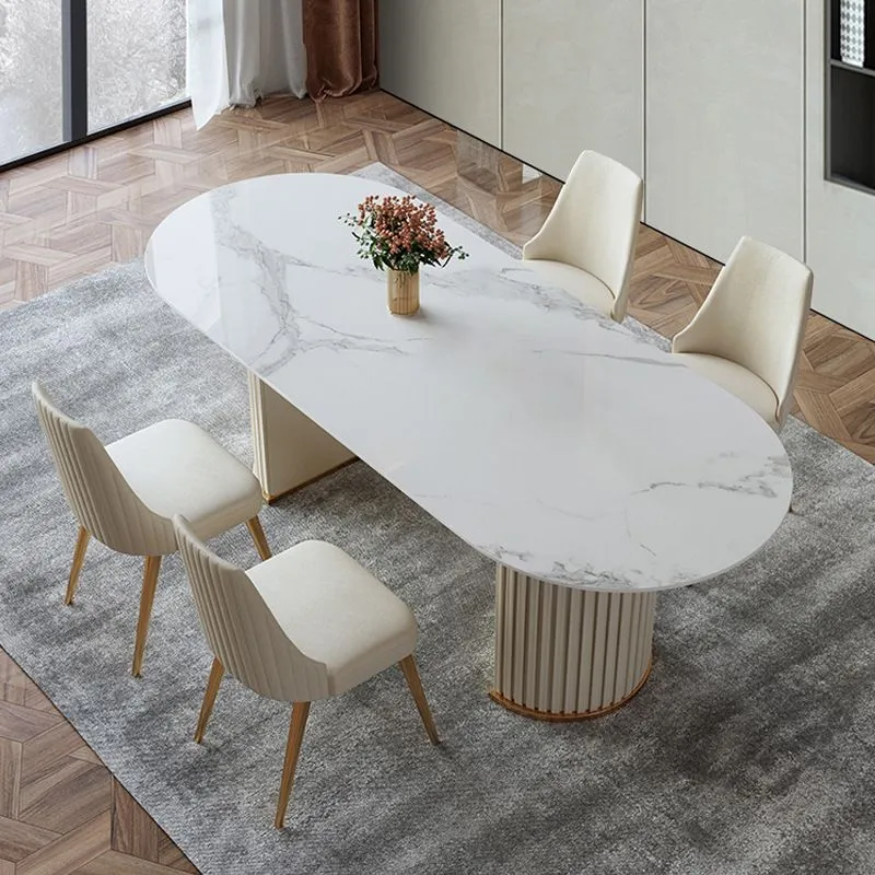 Tavolo da pranzo ovale bianco contemporaneo con doppio piedistallo con piano pietra sinterizzata Clearhalo