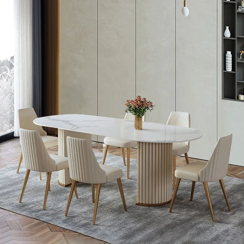 Tavolo da pranzo ovale bianco contemporaneo con doppio piedistallo con piano pietra sinterizzata Clearhalo