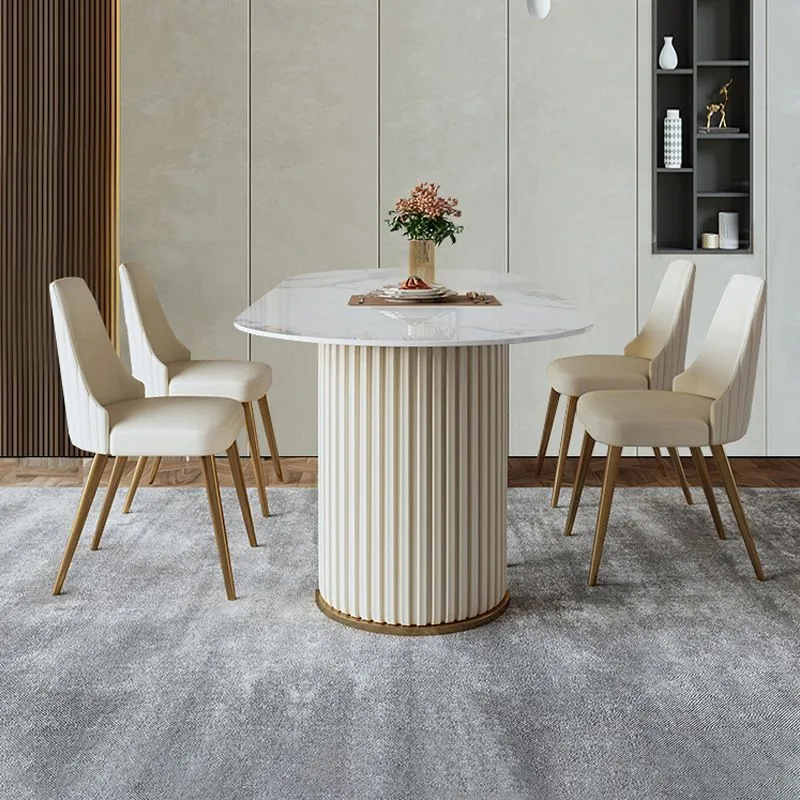 Tavolo da pranzo ovale bianco contemporaneo con doppio piedistallo con piano pietra sinterizzata Clearhalo