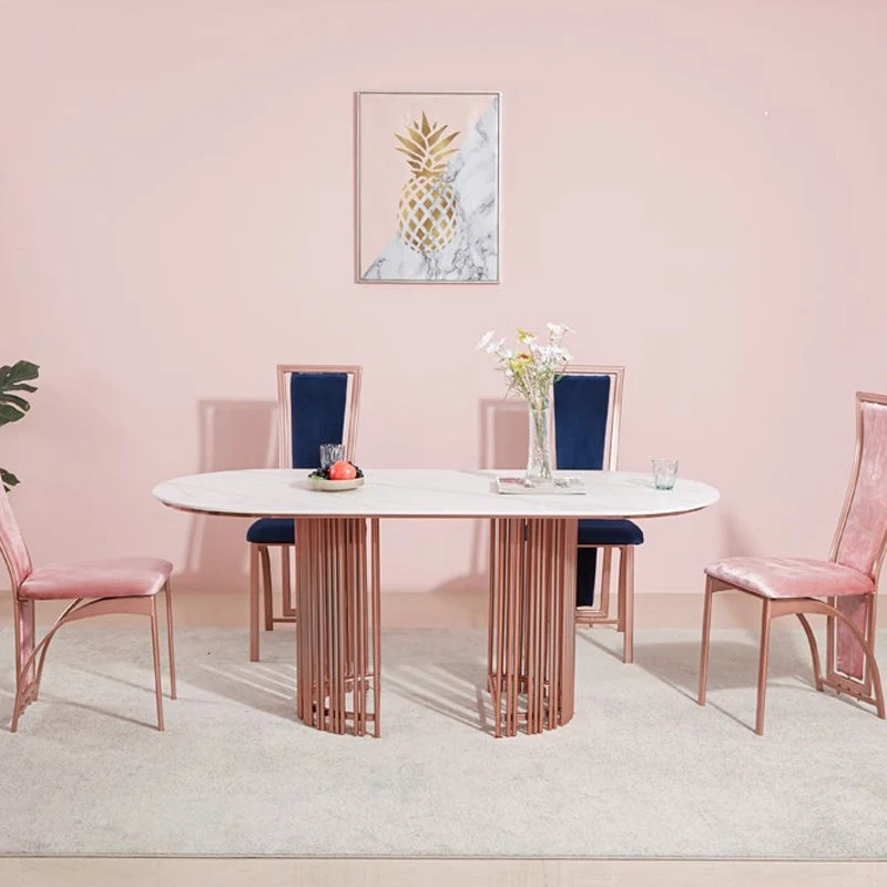 Tavolo da pranzo ovale con piano bianco Tavolo da pranzo tradizionale di lusso con struttura oro rosa Clearhalo