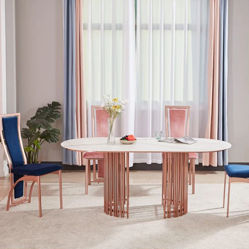 Tavolo da pranzo ovale con piano bianco Tavolo da pranzo tradizionale di lusso con struttura oro rosa Clearhalo