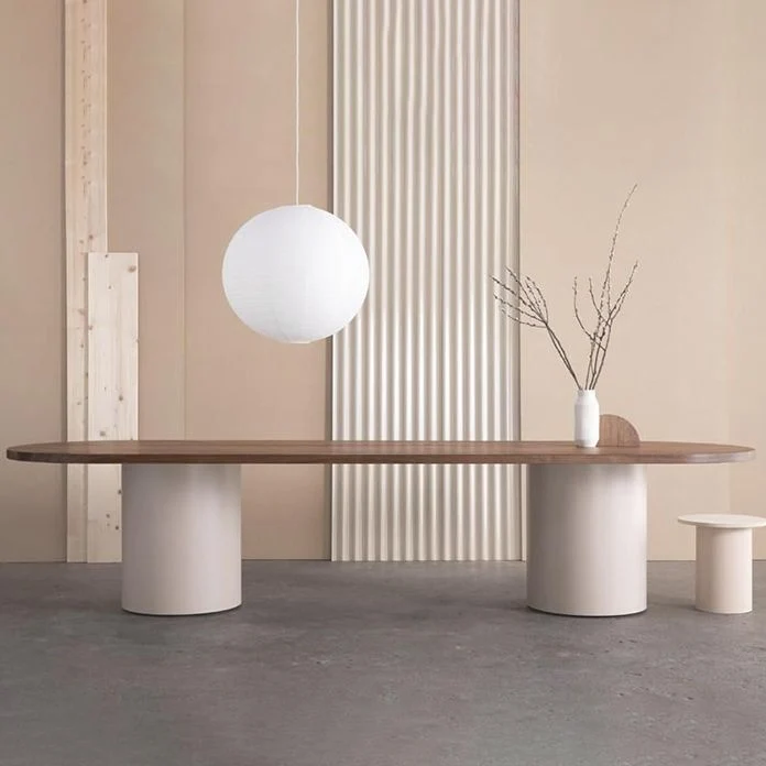 Tavolo da pranzo ovale con piano legno moderno Tavolo da pranzo con base bianca per soggiorno Clearhalo