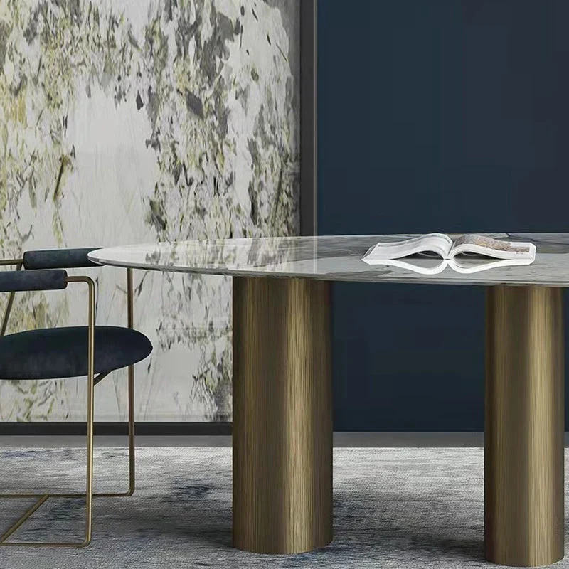 Tavolo da pranzo ovale con piano pietra sinterizzata di lusso, tavolo da cucina con 3 gambe oro Clearhalo