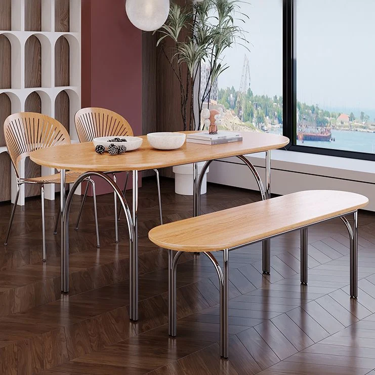 Tavolo da pranzo ovale 4 gambe acciaio Tavolo da pranzo moderno con piano legno e base cromata Clearhalo