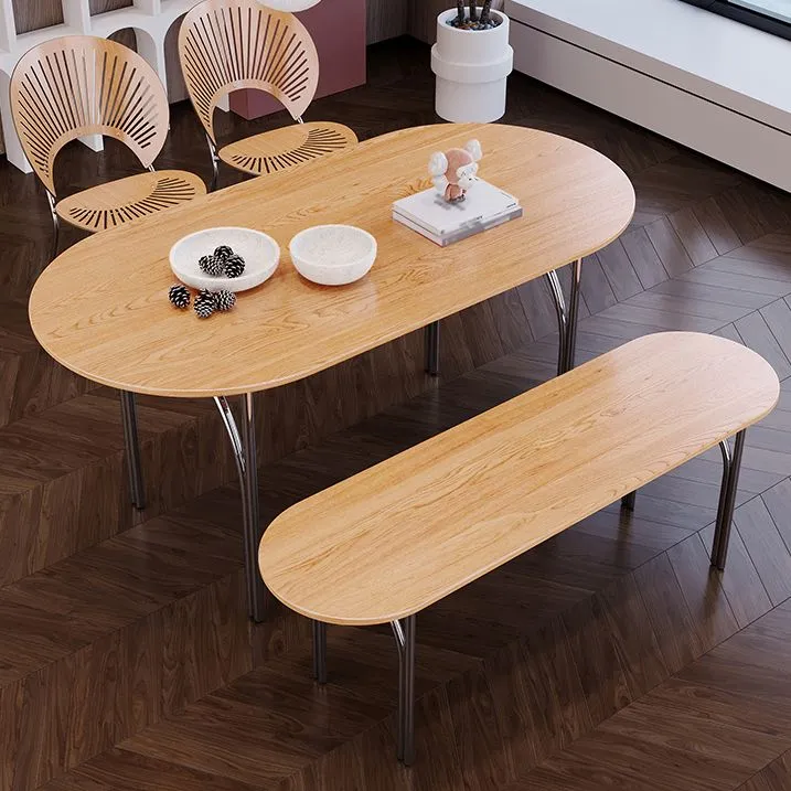 Tavolo da pranzo ovale 4 gambe acciaio Tavolo da pranzo moderno con piano legno e base cromata Clearhalo