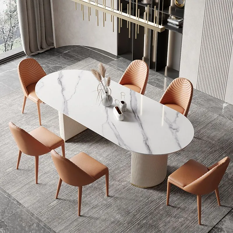Tavolo da pranzo ovale Tavolo da pranzo tradizionale pietra di lusso con doppio piedistallo Clearhalo