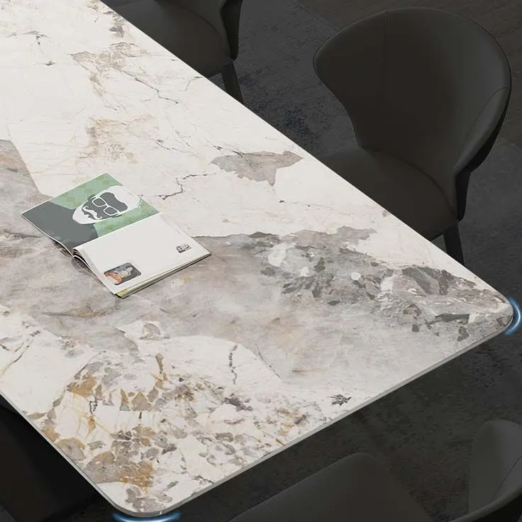 Tavolo da pranzo pietra sinterizzata stile glam Tavolo da pranzo rettangolare con gambe metallo Clearhalo