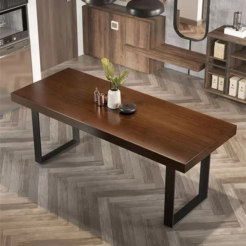Tavolo da pranzo rettangolare con base slitta ferro nero con piano legno massello marrone Clearhalo