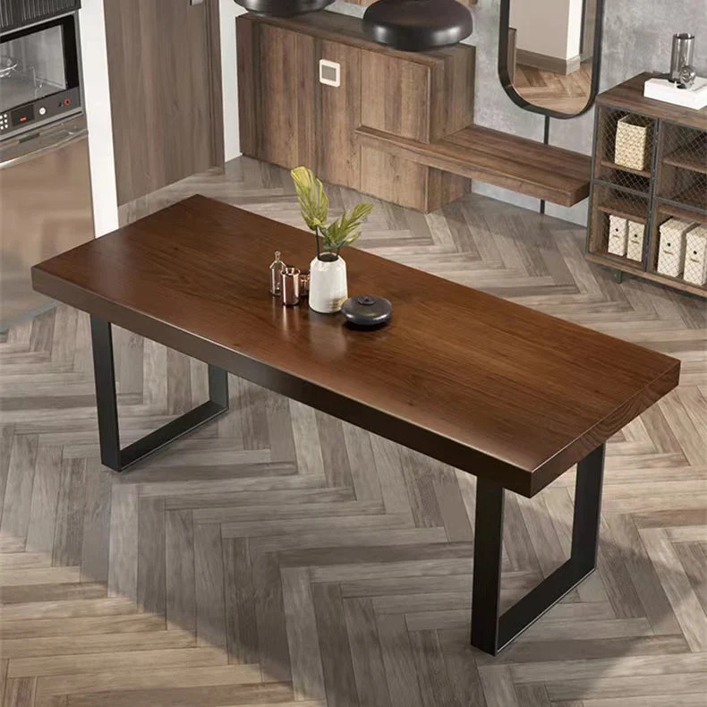 Tavolo da pranzo rettangolare con base slitta ferro nero con piano legno massello marrone Clearhalo