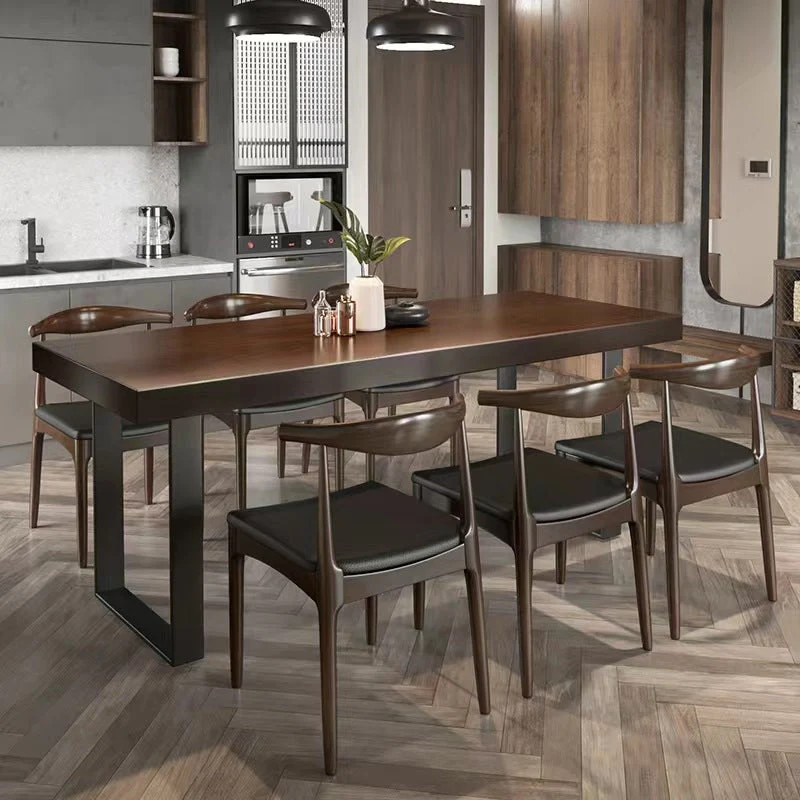 Tavolo da pranzo rettangolare con base slitta ferro nero con piano legno massello marrone Clearhalo