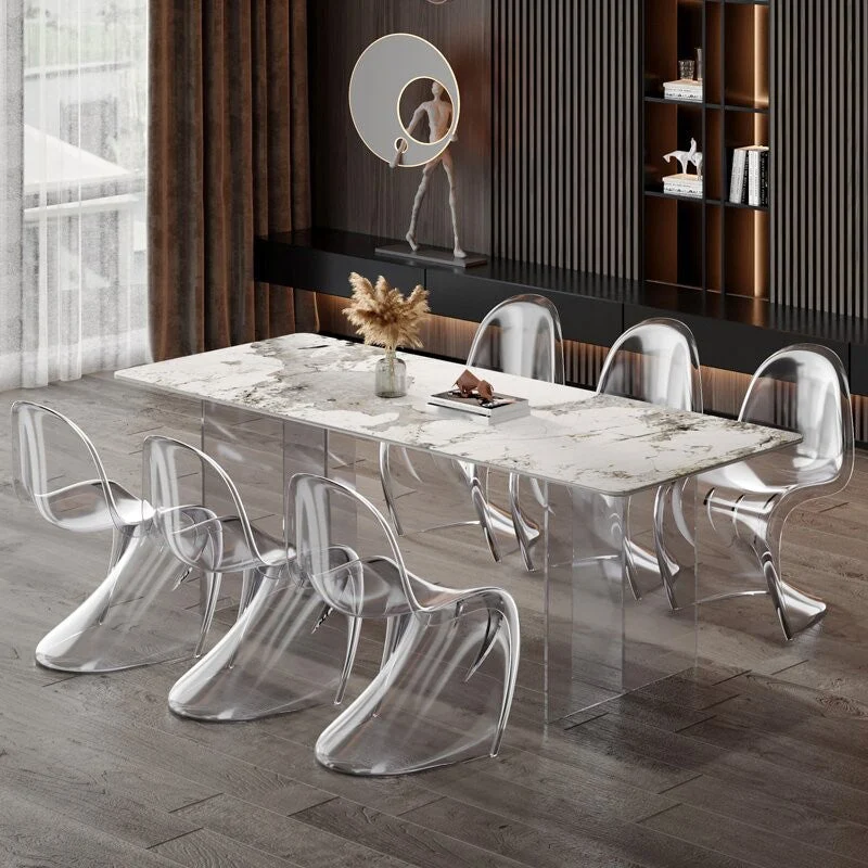 Tavolo da pranzo rettangolare con base trasparente Tavolo moderno pietra con doppio piedistallo Clearhalo