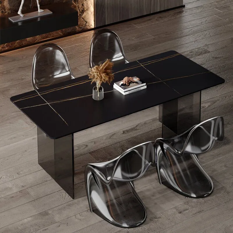 Tavolo da pranzo rettangolare con base trasparente Tavolo moderno pietra con doppio piedistallo Clearhalo