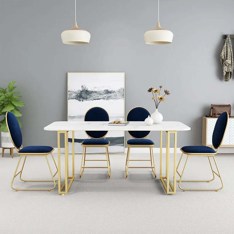 Tavolo da pranzo rettangolare con doppio piedistallo Tavolo Glam finto marmo per sala da pranzo Clearhalo