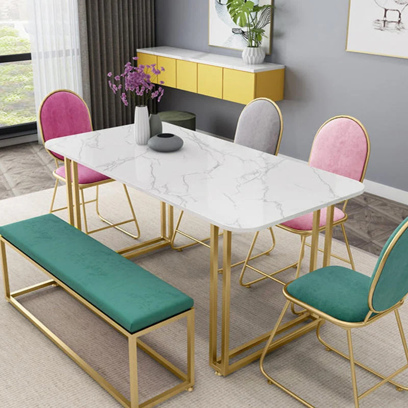 Tavolo da pranzo rettangolare con doppio piedistallo Tavolo Glam finto marmo per sala da pranzo Clearhalo