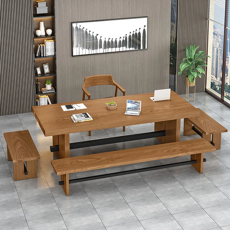 Tavolo da pranzo rettangolare con doppio piedistallo Tavolo industriale legno naturale e metallo Clearhalo