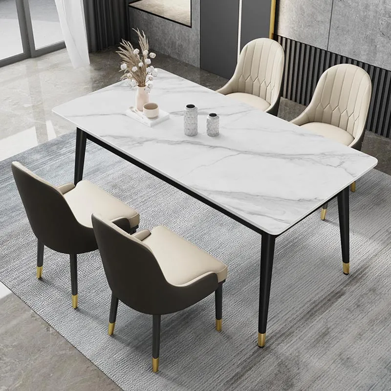 Tavolo da pranzo rettangolare con piano pietra Tavolo da pranzo moderno 4 gambe metallo per soggiorno Clearhalo