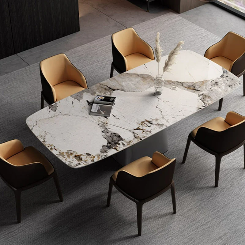 Tavolo da pranzo rettangolare con piano pietra Tavolo da pranzo moderno con base metallo per soggiorno Clearhalo