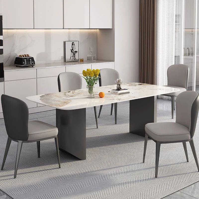 Tavolo da pranzo rettangolare con piano pietra bianca con base doppio piedistallo metallo Clearhalo
