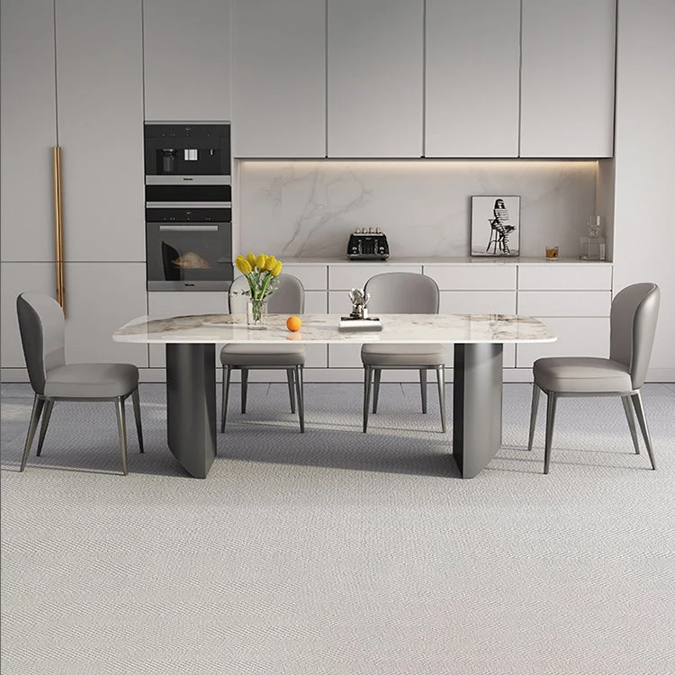 Tavolo da pranzo rettangolare con piano pietra bianca con base doppio piedistallo metallo Clearhalo