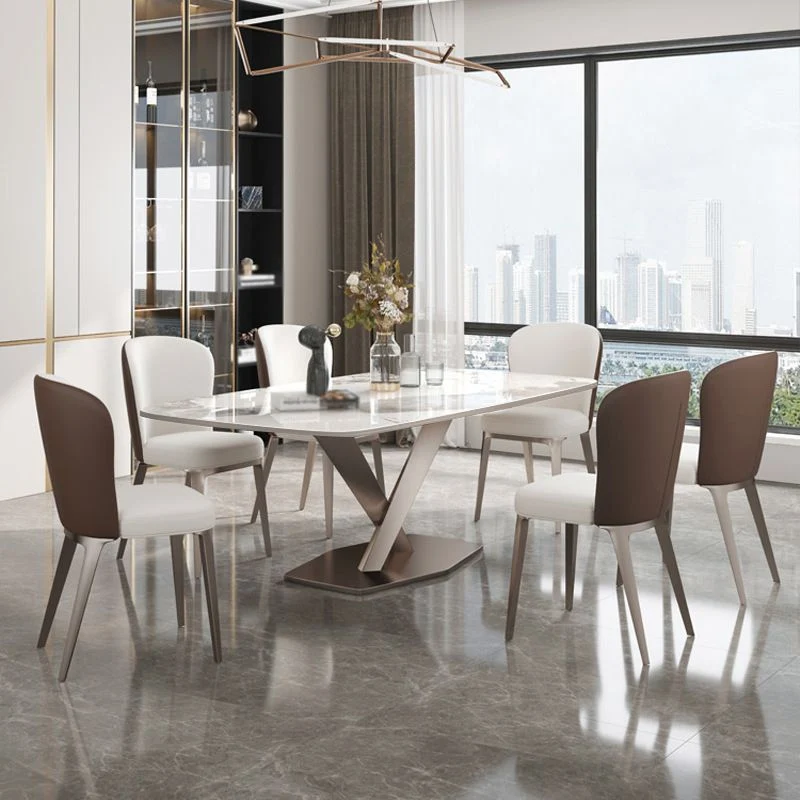 Tavolo da pranzo rettangolare con piano pietra e base piedistallo acciaio inossidabile Clearhalo