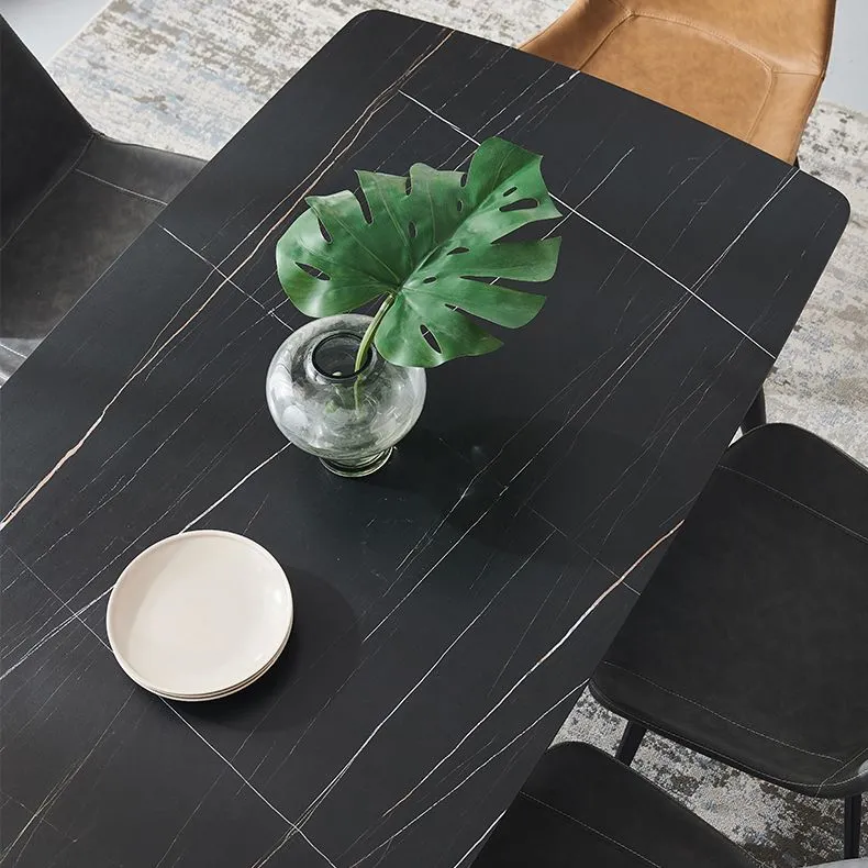 Tavolo da pranzo rettangolare industriale metallo Tavolo con piano pietra sinterizzata nera con 4 gambe Clearhalo