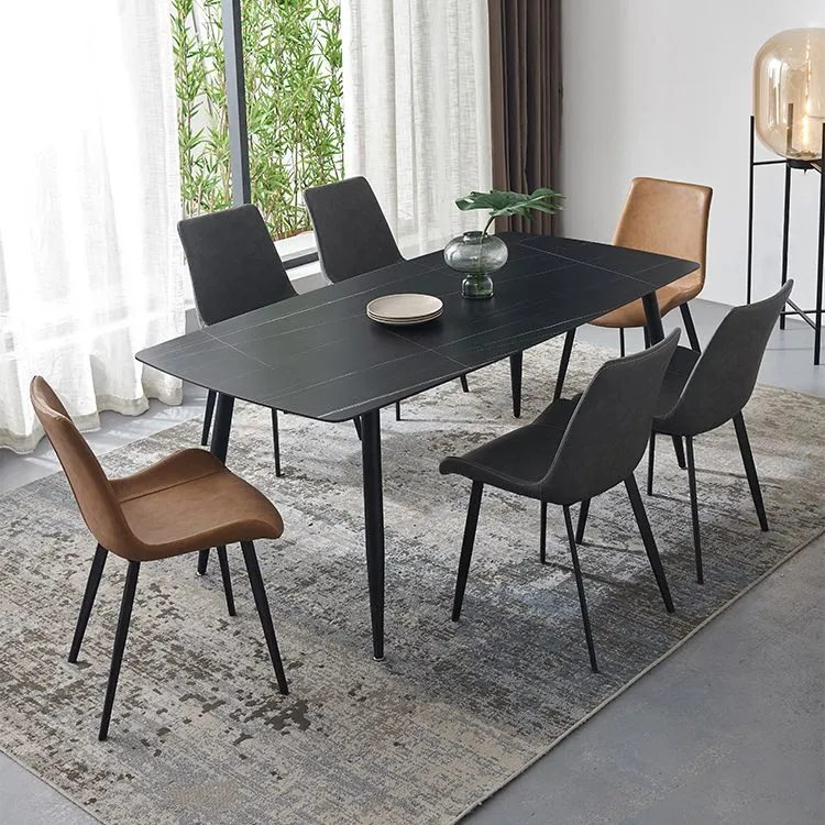 Tavolo da pranzo rettangolare industriale metallo Tavolo con piano pietra sinterizzata nera con 4 gambe Clearhalo