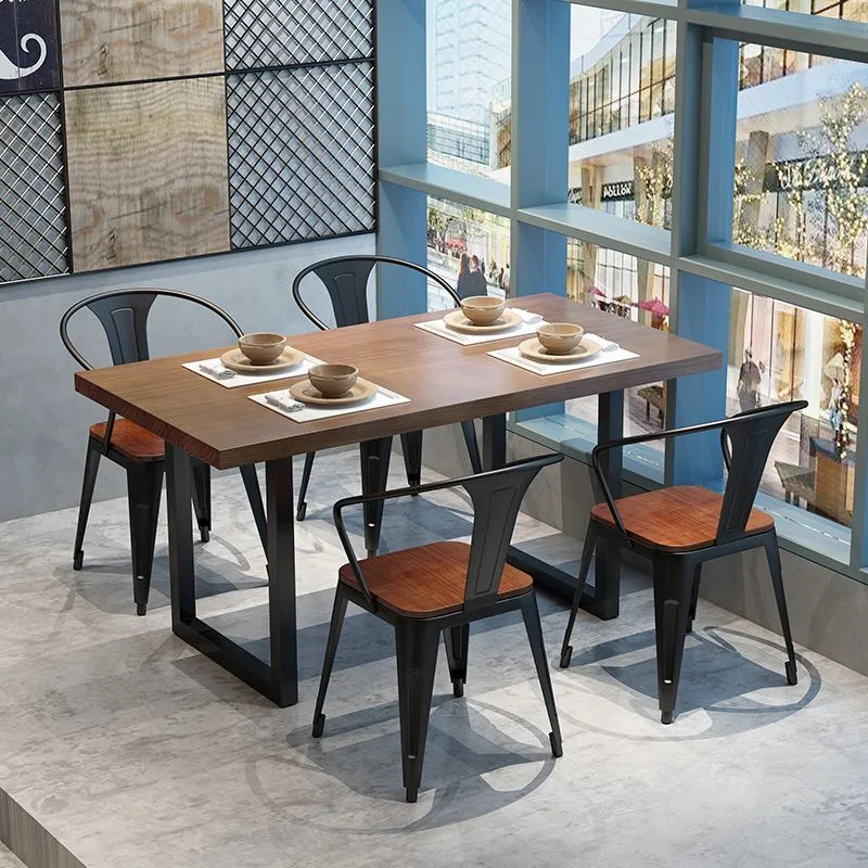 Tavolo da pranzo rettangolare legno massello marrone Tavolo da pranzo industriale rettangolare con struttura nera Clearhalo