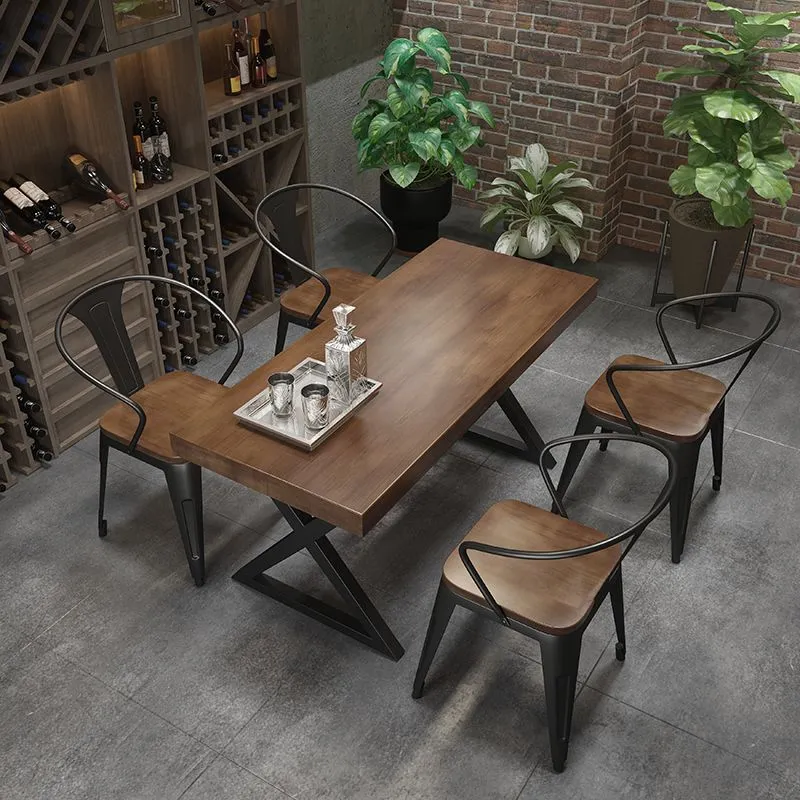 Tavolo da pranzo rettangolare legno massello stile industriale con gambe ferro doppio piedistallo Clearhalo