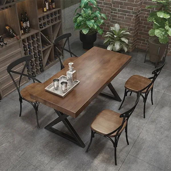 Tavolo da pranzo rettangolare legno massello stile industriale con gambe ferro doppio piedistallo Clearhalo